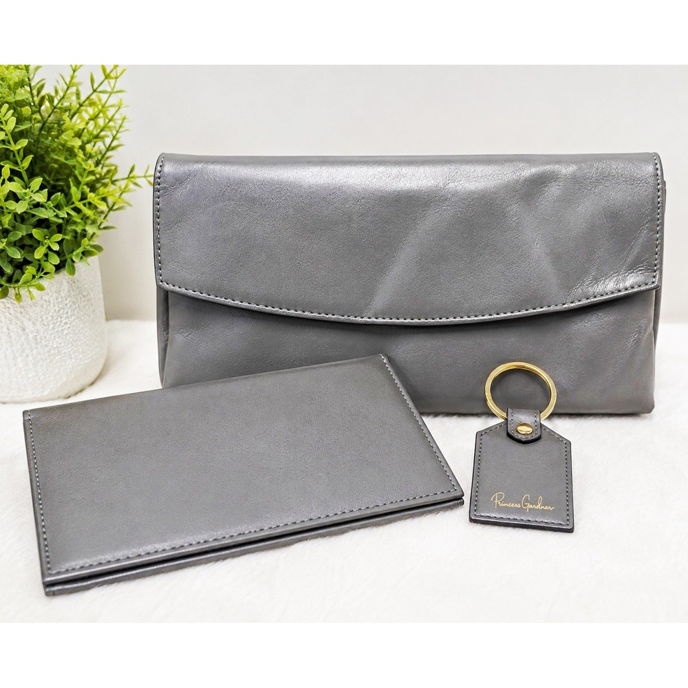 Princess Gardner Gray Leather Women Clutch Wallet Set Vintage Foldover Snap Zip